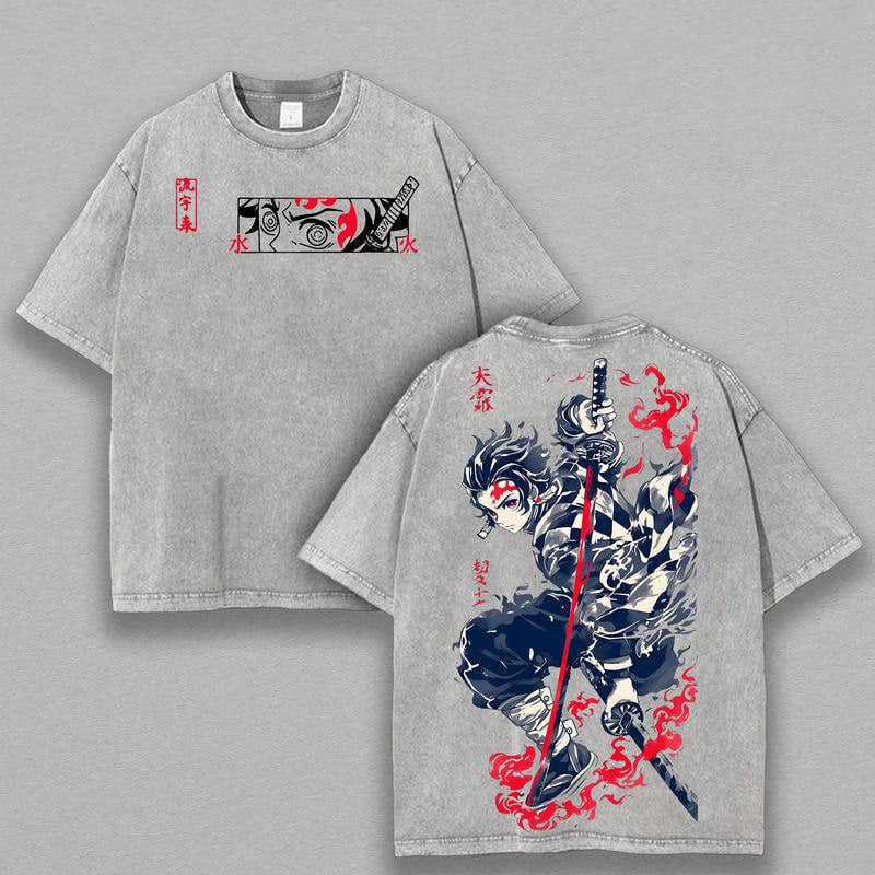 Tanjiro Kamado Water Breathing shirt, Demon Slayer t-shirt, Menswear Anime Double Printed Oversize Lightweight Acid Washed Tee, Gift For Anime Merch