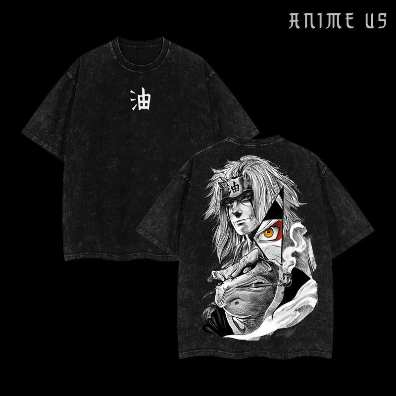 Jiraiya x Naruto Anime Double Printed Vintage Washed Tee Unisex Oversize Anime Manga Washed Heavyweight Cotton T-shirt Naruto Merch Jiraiya Fan