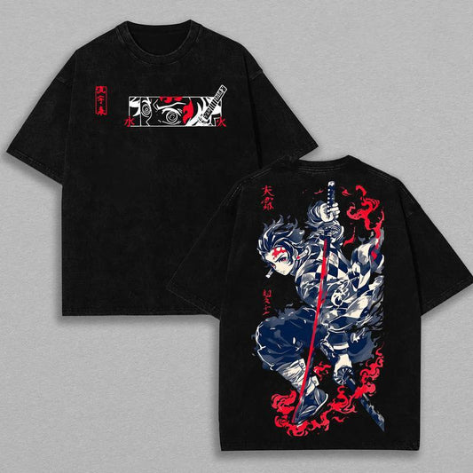 Tanjiro Kamado Water Breathing shirt, Demon Slayer t-shirt, Menswear Anime Double Printed Oversize Lightweight Acid Washed Tee, Gift For Anime Merch
