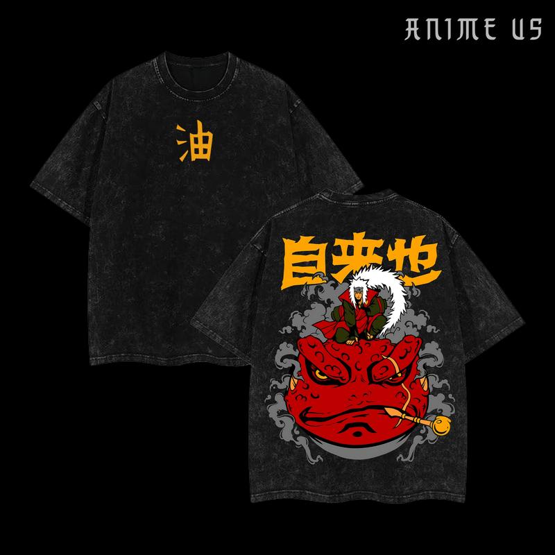 Jiraiya x Naruto Anime Double Printed Vintage Washed Tee Unisex Oversize Anime Manga Washed Heavyweight Cotton T-shirt Naruto Merch Jiraiya Fan