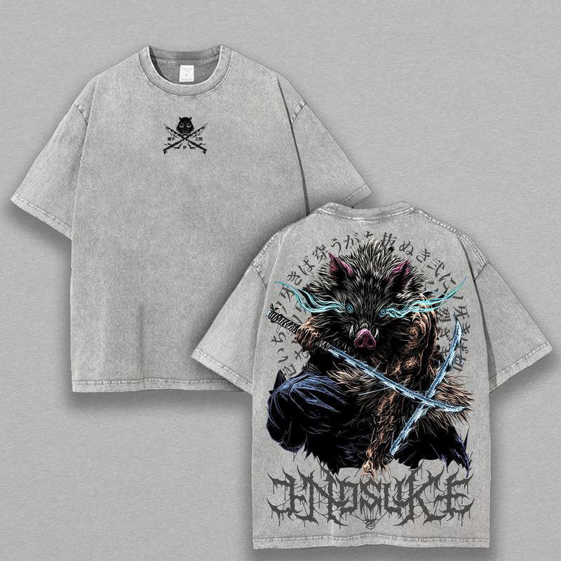 Demon Slayer Mens T-shirt, Inosuke Hashibira Shirt Tanjiro Kamado Tee Printed Kaos Short Sleeve Shirt Casual, Vintage Washed Tee Unisex Oversize Anime Manga Washed Heavyweight Cotton T-shirt