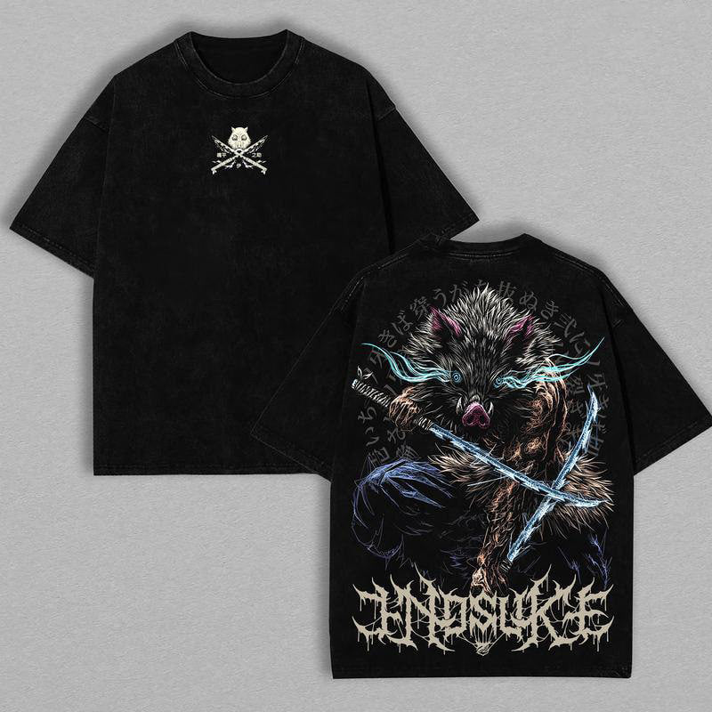 Demon Slayer Mens T-shirt, Inosuke Hashibira Shirt Tanjiro Kamado Tee Printed Kaos Short Sleeve Shirt Casual, Vintage Washed Tee Unisex Oversize Anime Manga Washed Heavyweight Cotton T-shirt