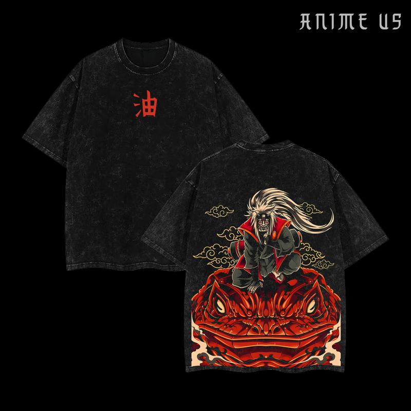 Jiraiya x Naruto Anime Double Printed Vintage Washed Tee Unisex Oversize Anime Manga Washed Heavyweight Cotton T-shirt Naruto Merch Jiraiya Fan