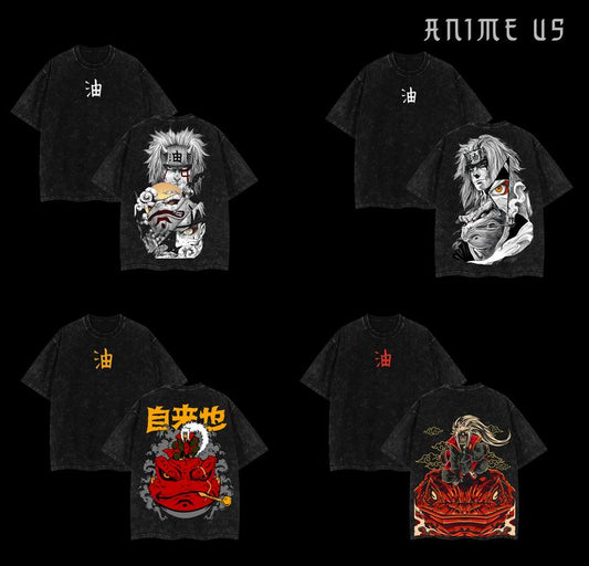 Jiraiya x Naruto Anime Double Printed Vintage Washed Tee Unisex Oversize Anime Manga Washed Heavyweight Cotton T-shirt Naruto Merch Jiraiya Fan