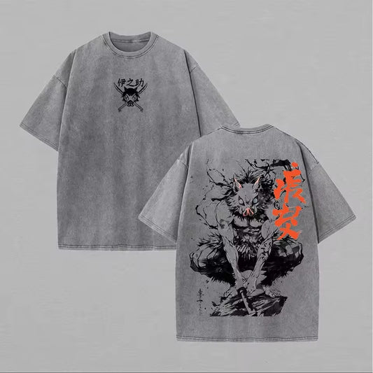 Manga Demon Slayer Inosuke Graphic T-shirt Vintage Washed Oversized T Shirt Men Women Clothing Summer Cotton Short Sleeve Tees