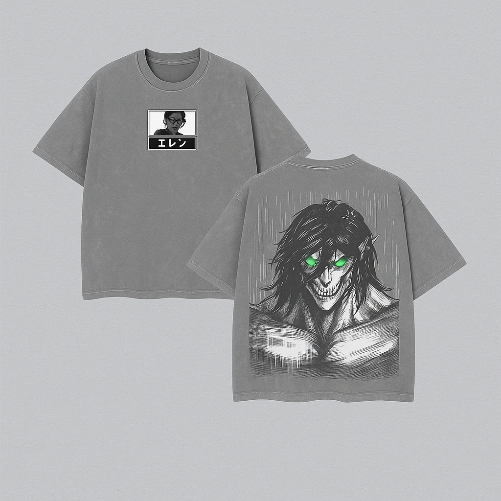 Eren Yeager Titan Form T-Shirt – Washed Attack On Titan Anime Tee, Oversized Streetwear, Premium Graphic Print, Heavyweight Cotton, Unisex Casual Outfit for AOT Fans Menswear Top