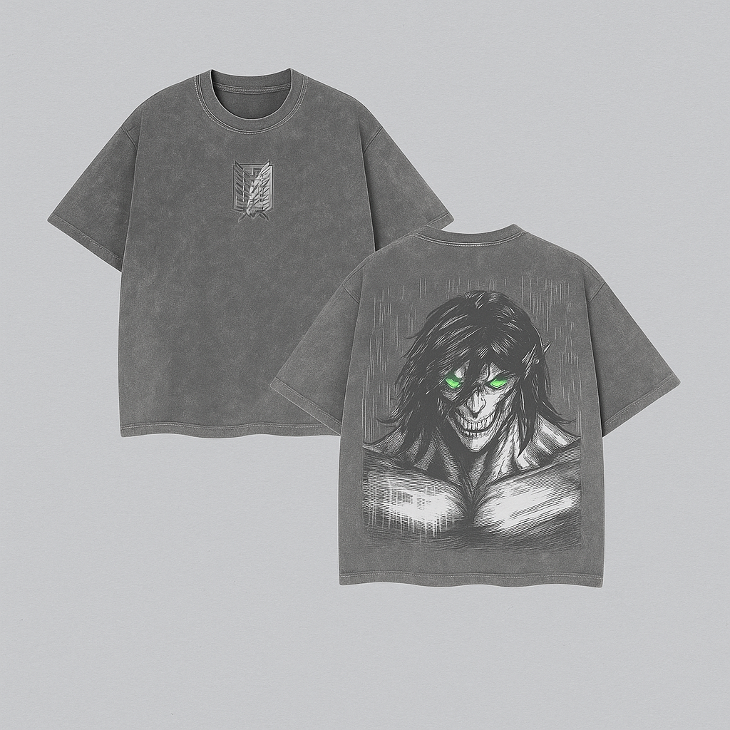 Eren Yeager Titan Form T-Shirt – Washed Attack On Titan Anime Tee, Oversized Streetwear, Premium Graphic Print, Heavyweight Cotton, Unisex Casual Outfit for AOT Fans Menswear Top