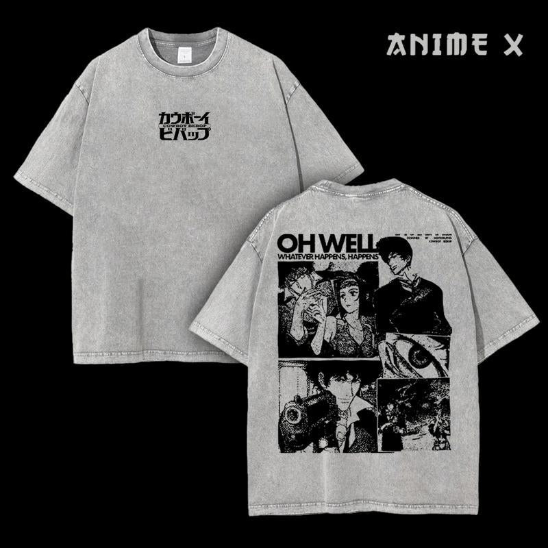 Retro Vintage Cowboy Bebop Anime Double Printed Washed T-shirt Unisex Mineral Anime Manga Washed Heavy Cotton T-shirt, Gift For Anime Fan Lover
