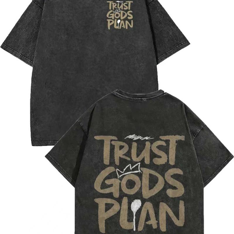 1 Piece, 230G Double-Sided Water Wash, Believe In God's Plan1 Piece, Washed Printed T-Shirt 230g, High-Quality Batik Cotton Retro Fashion Brand T-Shirt, A Certain Thickness Suitable For Summer T-Shirts, Holiday Gifts.
