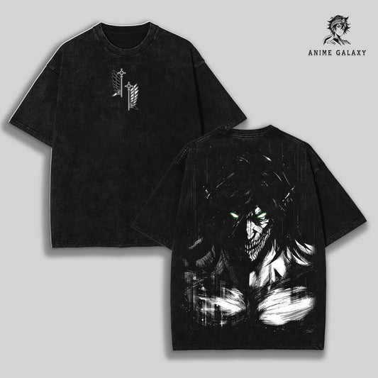 Retro Heavy Eren Yeager x Attack On Titan Ver 2 Anime Double Printed Men's Vintage Tee Washed Unisex Oversize Anime Manga Washed Heavyweight Cotton T-shirt, Anime Gift For Him