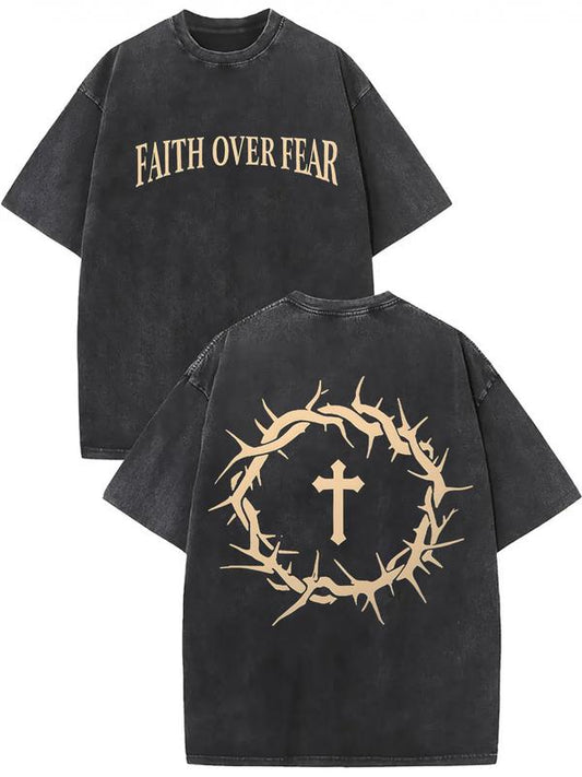 Faith over fear vintage washed high quality cotton printed T-shirt men's T-shirt old summer clothing dropped shoulder sleeves round neck short sleeve top