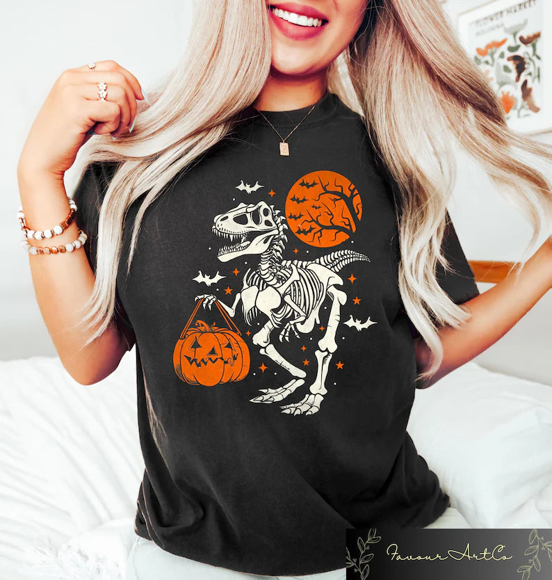 Dinosaur Halloween Sshirt, Spooky Trex Shirt, Dinosaur Skeleton Sweatshirt, Halloween Party Shirt, Spooky Halloween Gift, Kids Halloween Tee