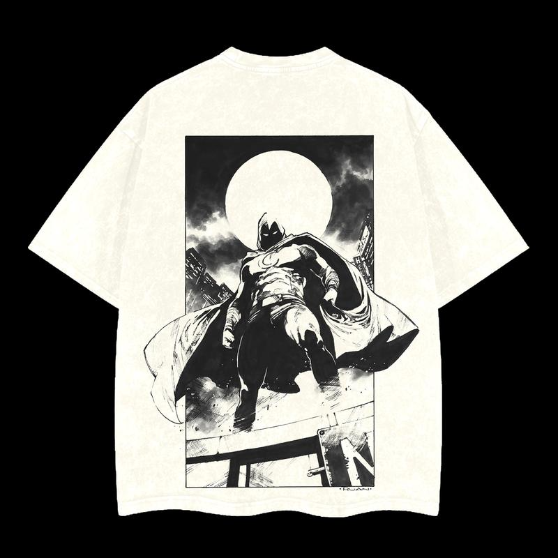 Moon Knight T Shirt Double Print Oversized Acid Wash Lightweight Cotton Graphic Tee Streetwear Gift for Comic Movie Fans