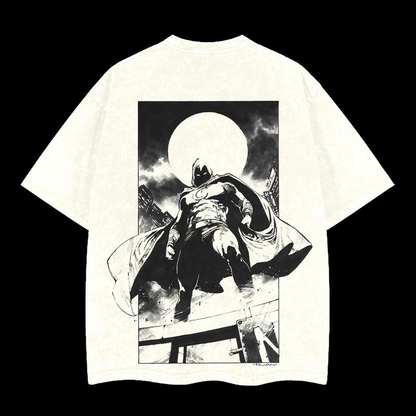 Moon Knight T Shirt Double Print Oversized Acid Wash Lightweight Cotton Graphic Tee Streetwear Gift for Comic Movie Fans