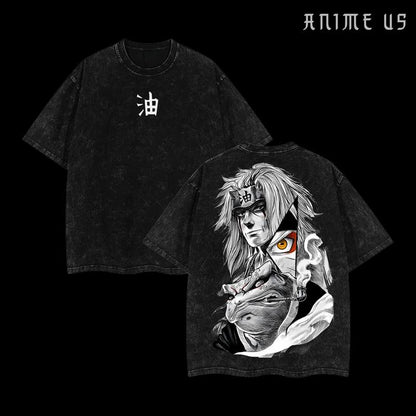 Jiraiya x Naruto Anime Double Printed Vintage Washed Tee Unisex Oversize Anime Manga Washed Heavyweight Cotton T-shirt Naruto Merch Jiraiya Fan