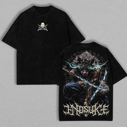Demon Slayer Mens T-shirt, Inosuke Hashibira Shirt Tanjiro Kamado Tee Printed Kaos Short Sleeve Shirt Casual, Vintage Washed Tee Unisex Oversize Anime Manga Washed Heavyweight Cotton T-shirt