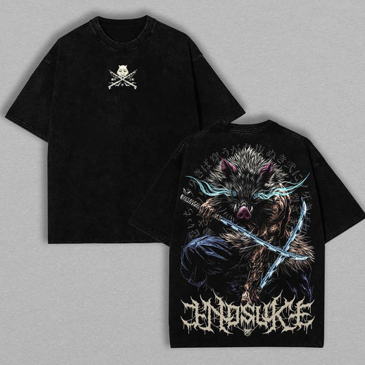Demon Slayer Mens T-shirt, Inosuke Hashibira Shirt Tanjiro Kamado Tee Printed Kaos Short Sleeve Shirt Casual, Vintage Washed Tee Unisex Oversize Anime Manga Washed Heavyweight Cotton T-shirt
