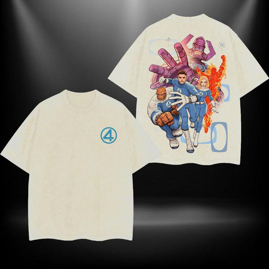 Fantastic 4 v2 MCU Comic Double Printed Oversize Lightweight Acid Washed Tee TV Series Graphic Top Cotton Streetwear T-Shirt boys merch Men's Regular Fit Floral Print Tee washed streetwear