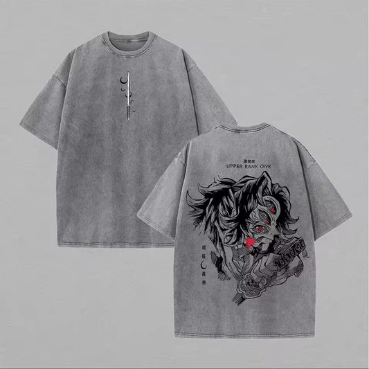 Kokushibo Demon Slayer Graphic T-shirt Manga Print Vintage Washed Oversized T Shirt Men Women Clothing Cotton Short Sleeve Tees