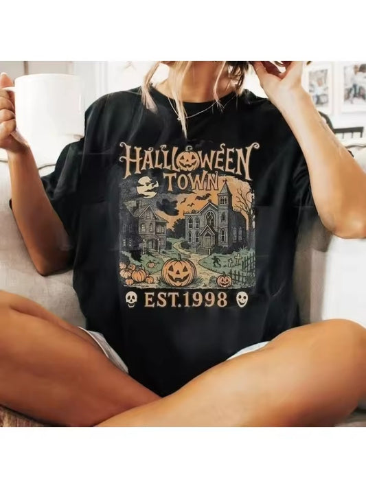 Halloween Graphic Printed T-Shirt for Unisex Oversized Retro O Neck Short Sleeve Blouse Tops Women Halloween Spooky Tee Shirts