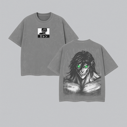 Eren Yeager Titan Form T-Shirt – Washed Attack On Titan Anime Tee, Oversized Streetwear, Premium Graphic Print, Heavyweight Cotton, Unisex Casual Outfit for AOT Fans Menswear Top