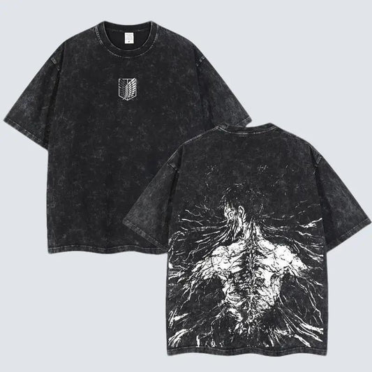 [FS] Retro Vintage Limited The Founding Titan Eren Yeager - Attack On Titan Anime Double Printed Washed Tee Unisex Oversize Anime Manga Acid Washed Lightweight Cotton T-Shirt