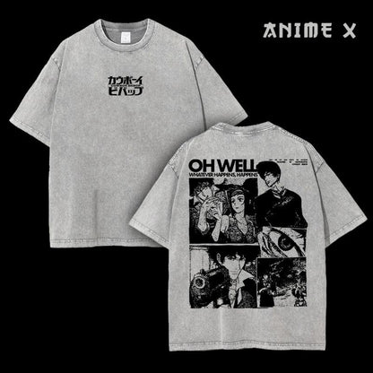 Retro Vintage Cowboy Bebop Anime Double Printed Washed T-shirt Unisex Mineral Anime Manga Washed Heavy Cotton T-shirt, Gift For Anime Fan Lover