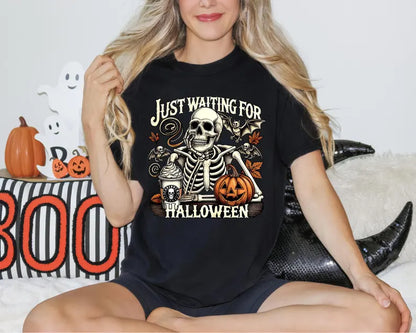 Just Waiting for Halloween Comfort Colors® Shirt, Funny Skeleton Pumpkin Shirt, Spooky Fall Graphic Shirt, Retro Halloween Womens Shirt