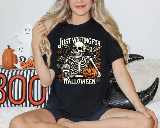 Just Waiting for Halloween Comfort Colors® Shirt, Funny Skeleton Pumpkin Shirt, Spooky Fall Graphic Shirt, Retro Halloween Womens Shirt